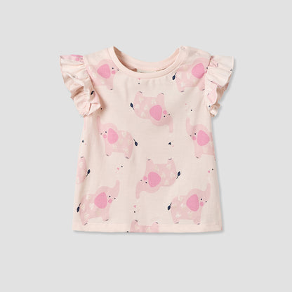 Juniors Round Neck Short Sleeves T-shirt with Elephant Print - White / 12-18 mths