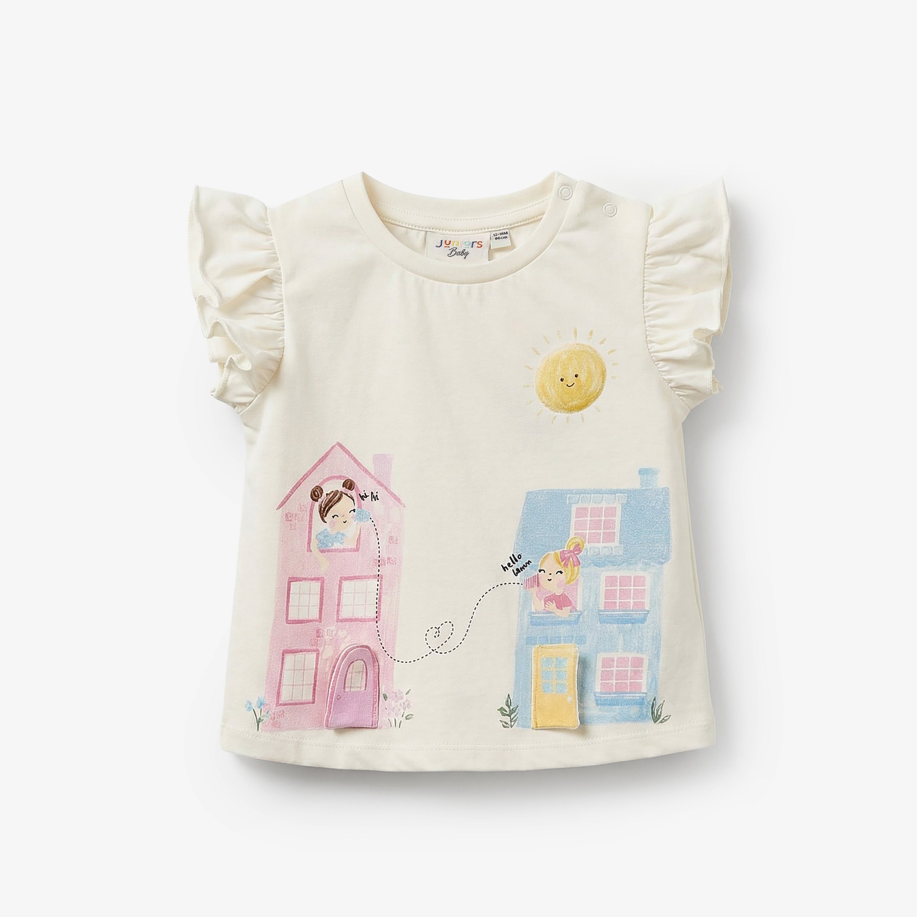 Juniors Crew Neck Cap Sleeves T-shirt with Graphic Print - Cream / 12-18 mths