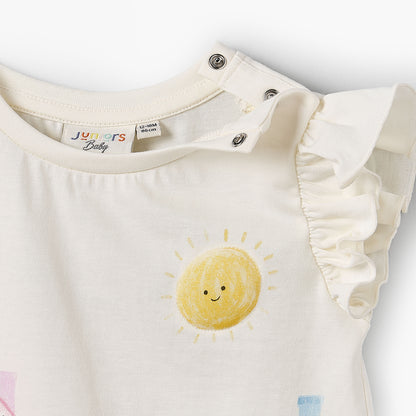 Juniors Crew Neck Cap Sleeves T-shirt with Graphic Print