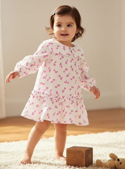 Juniors Sailor Collar Long Sleeves Drop Waist Dress with Checked Floral Design-baby-girls-clothing-dressesandjumpsuits-image-1