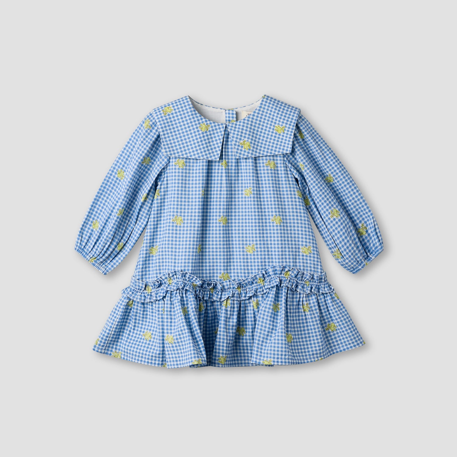 Juniors Sailor Collar Long Sleeves Drop Waist Dress with Checked Floral Design - White / 12-18 mths