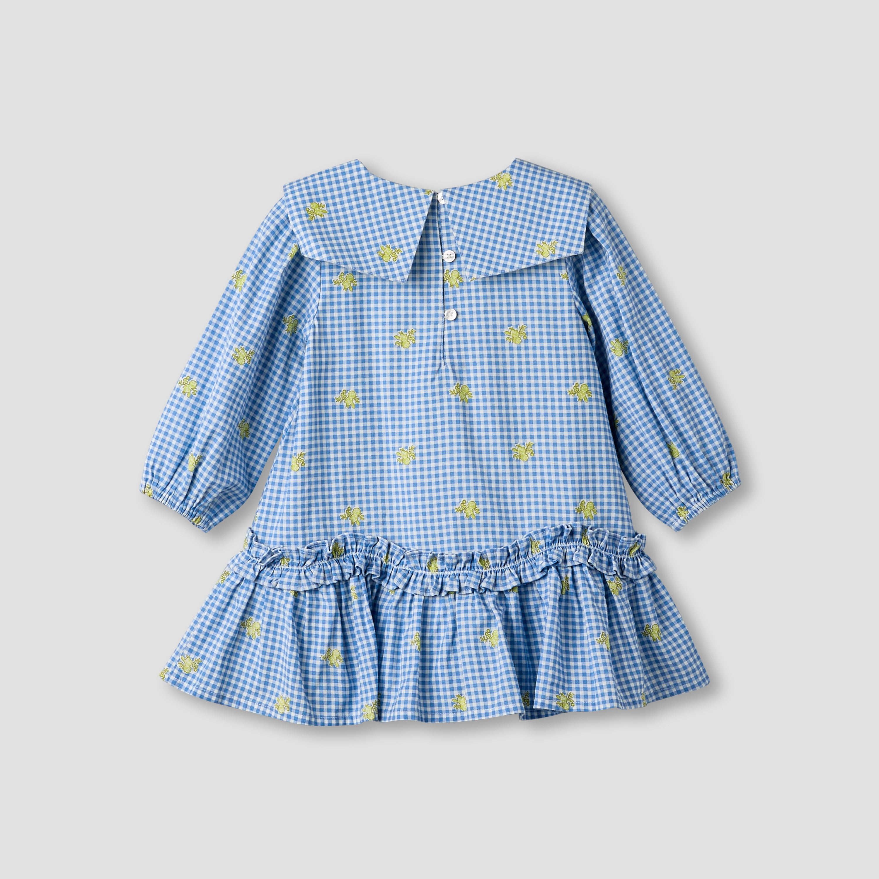 Juniors Sailor Collar Long Sleeves Drop Waist Dress with Checked Floral Design