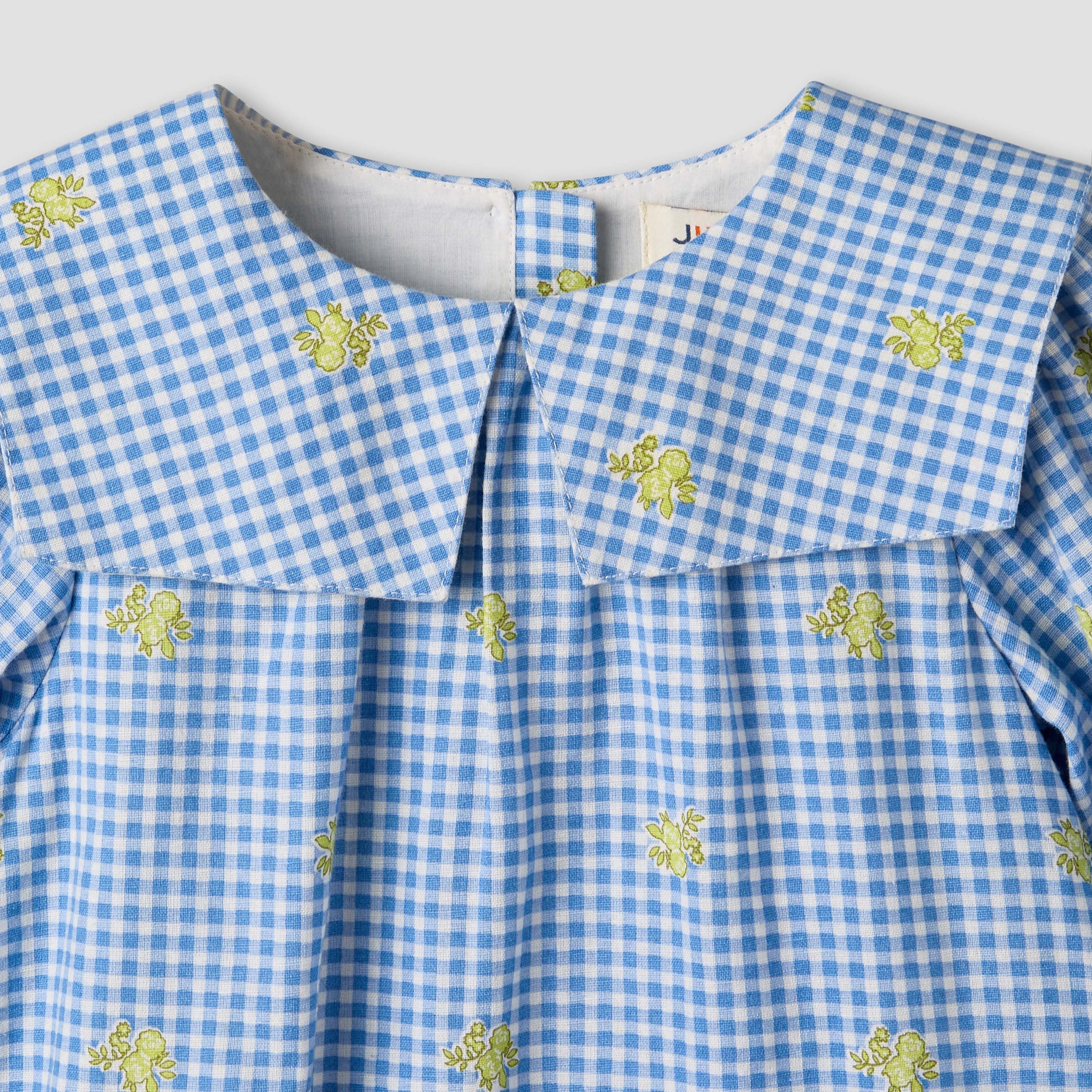 Juniors Sailor Collar Long Sleeves Drop Waist Dress with Checked Floral Design