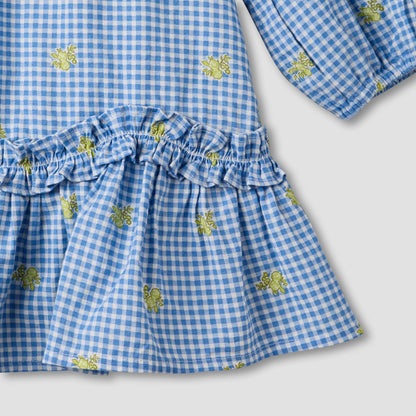 Juniors Sailor Collar Long Sleeves Drop Waist Dress with Checked Floral Design