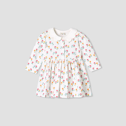 Juniors Scallop Round Neck Long Sleeves Dress with Floral Print