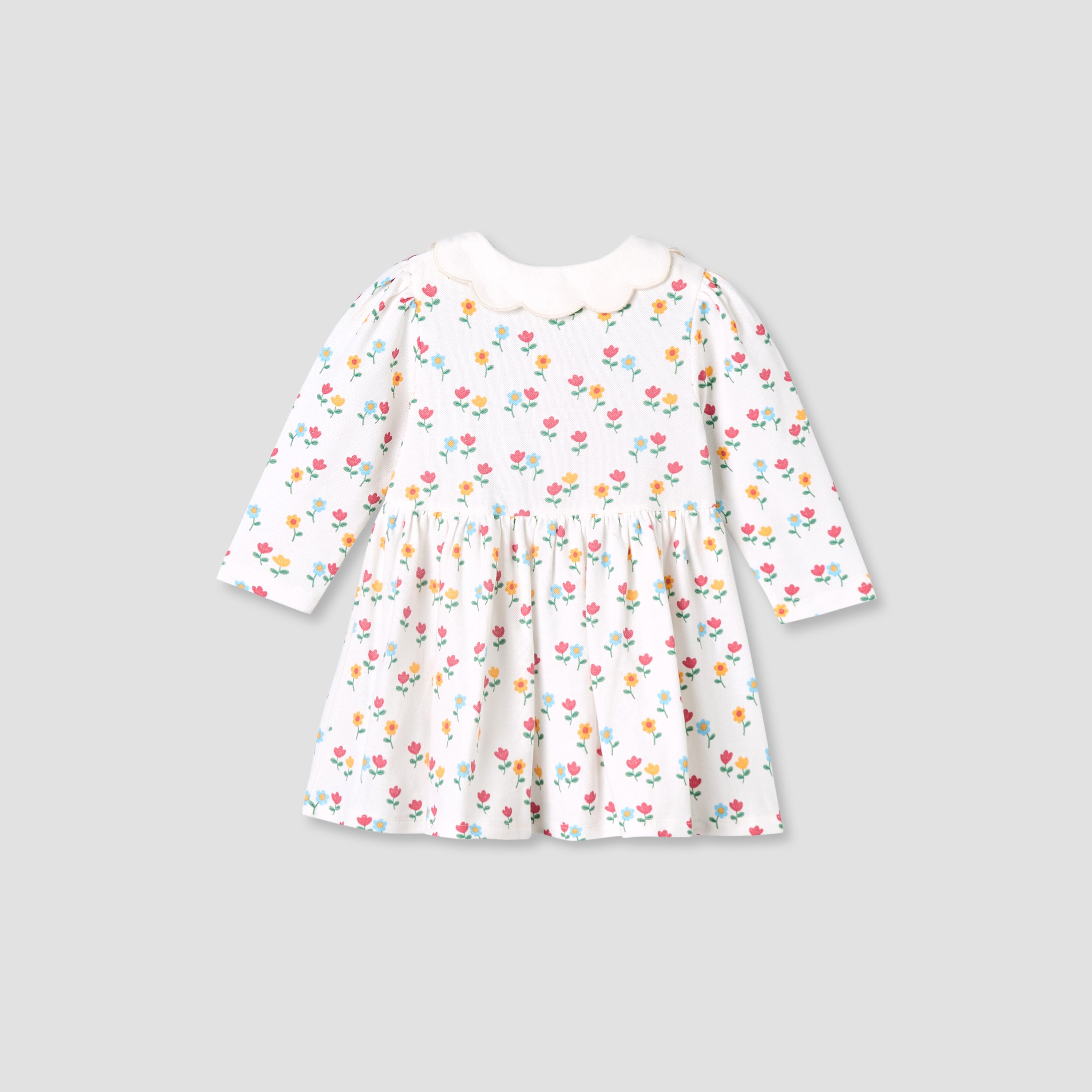 Juniors Scallop Round Neck Long Sleeves Dress with Floral Print