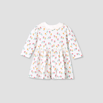 Juniors Scallop Round Neck Long Sleeves Dress with Floral Print