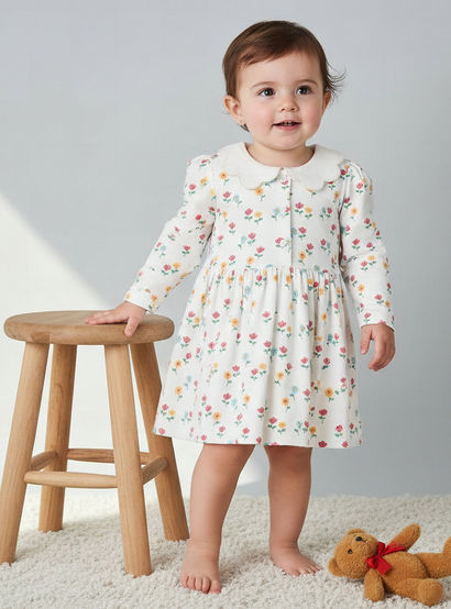 Juniors Scallop Round Neck Long Sleeves Dress with Floral Print-baby-girls-clothing-dressesandjumpsuits-image-1