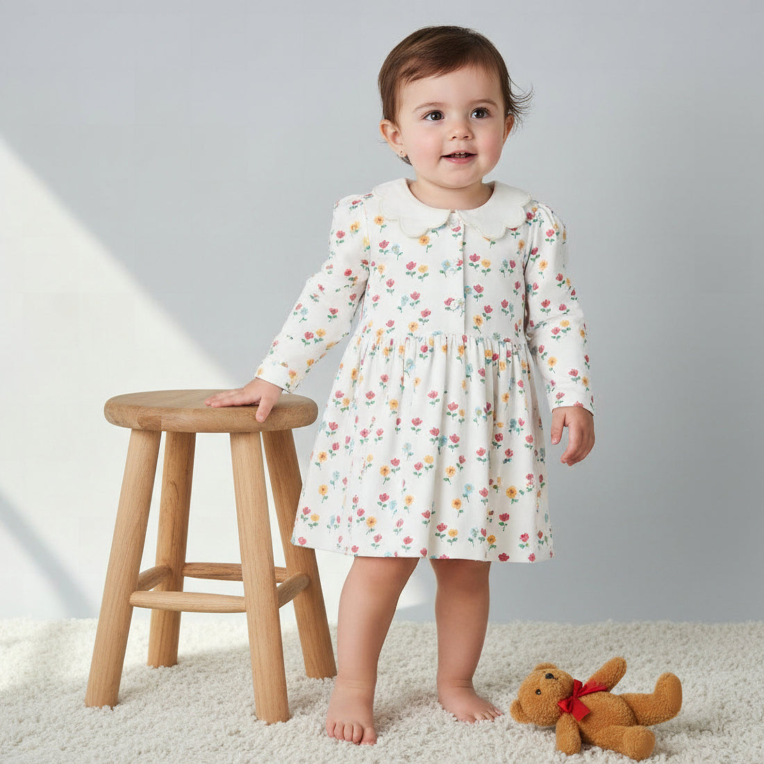 Juniors Scallop Round Neck Long Sleeves Dress with Floral Print - White / 24-36 mths