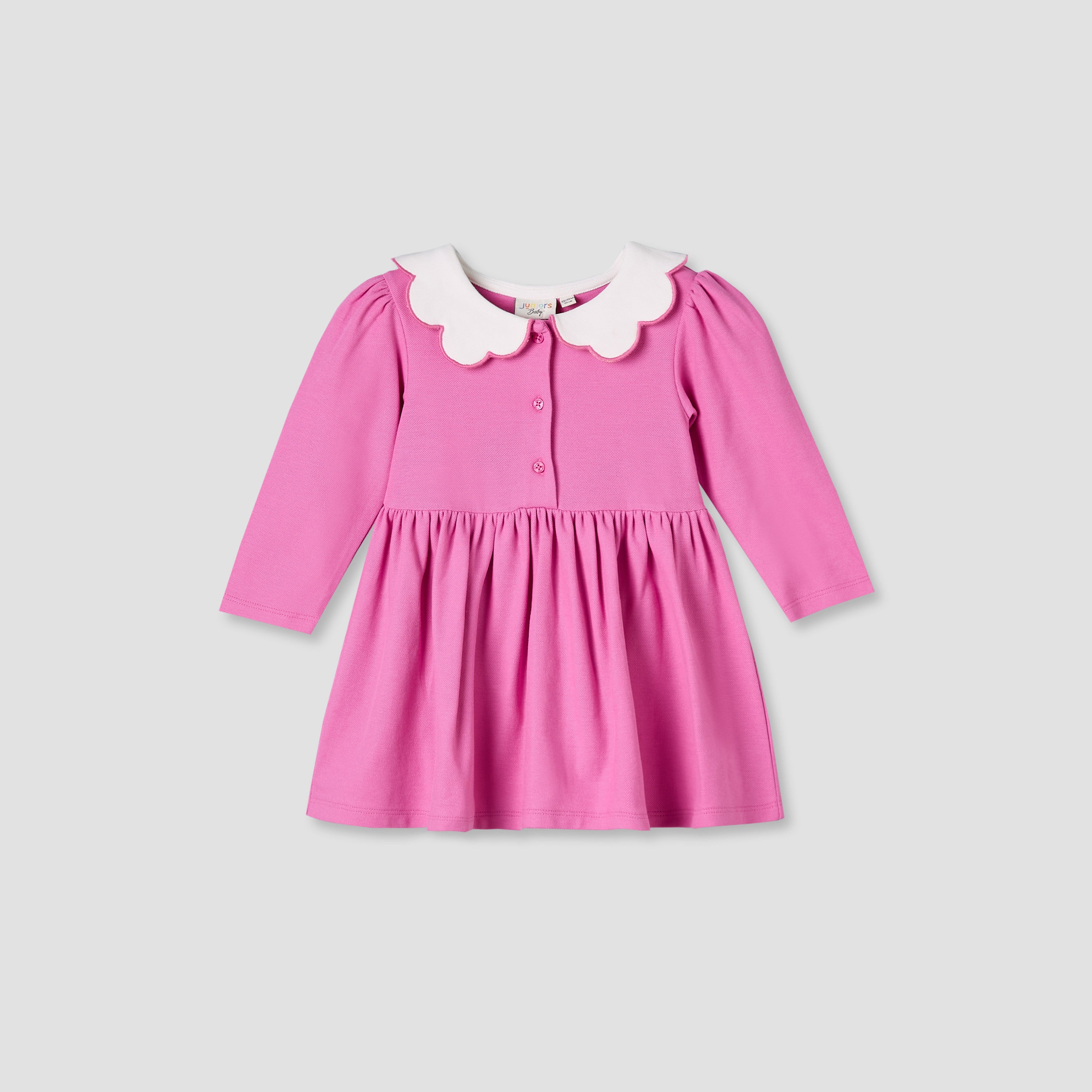 Junior Scallop Neck Long Sleeves A-line Dress with Gathered Detail - Pink / 12-18 mths
