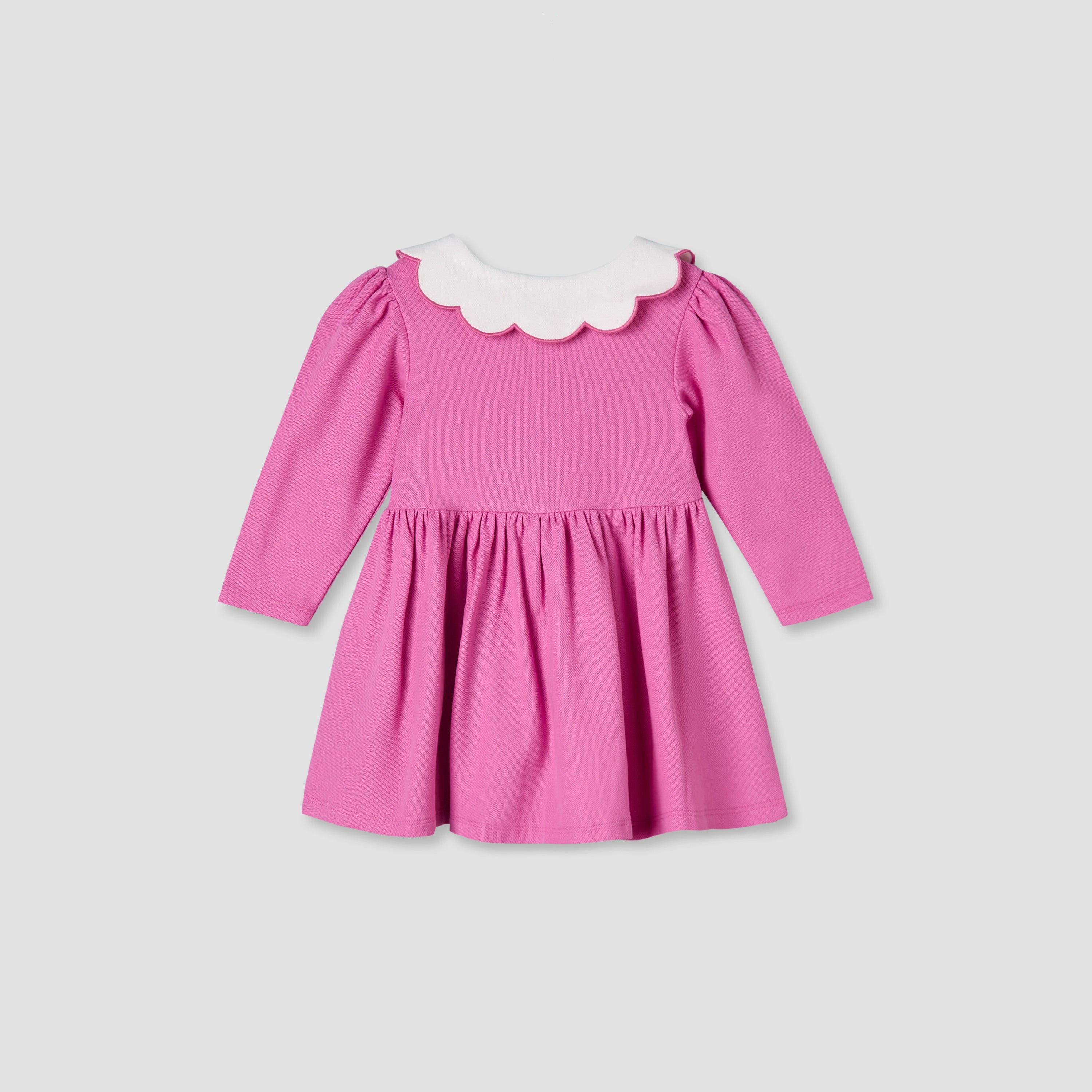 Junior Scallop Neck Long Sleeves A-line Dress with Gathered Detail