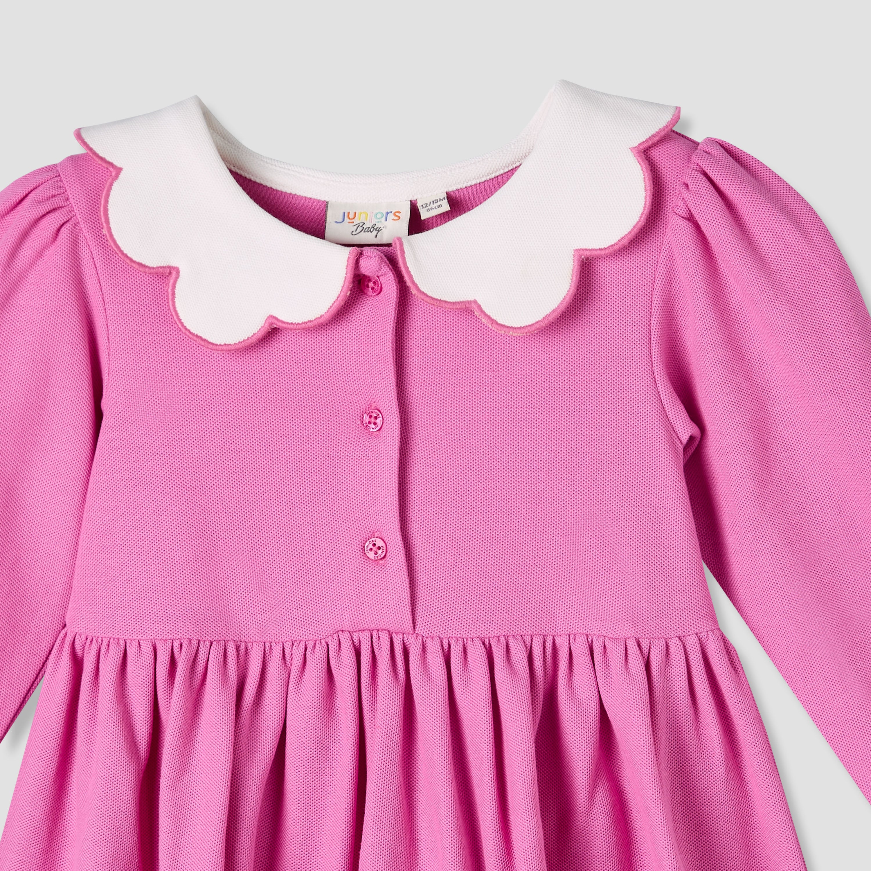 Junior Scallop Neck Long Sleeves A-line Dress with Gathered Detail
