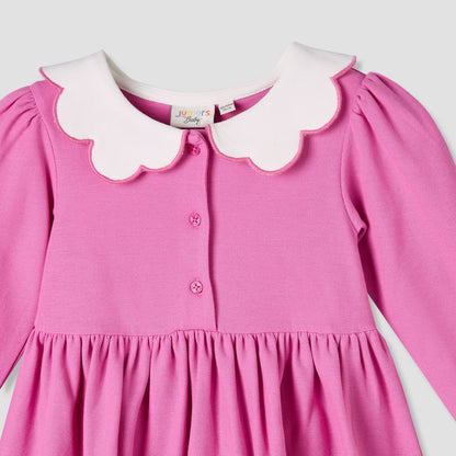 Junior Scallop Neck Long Sleeves A-line Dress with Gathered Detail