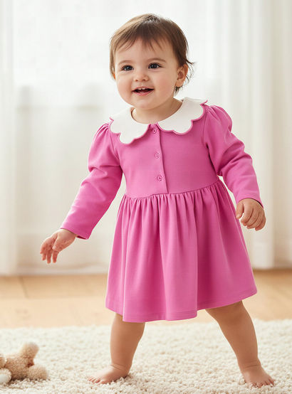 Junior Scallop Neck Long Sleeves A-line Dress with Gathered Detail-baby-girls-clothing-dressesandjumpsuits-image-1