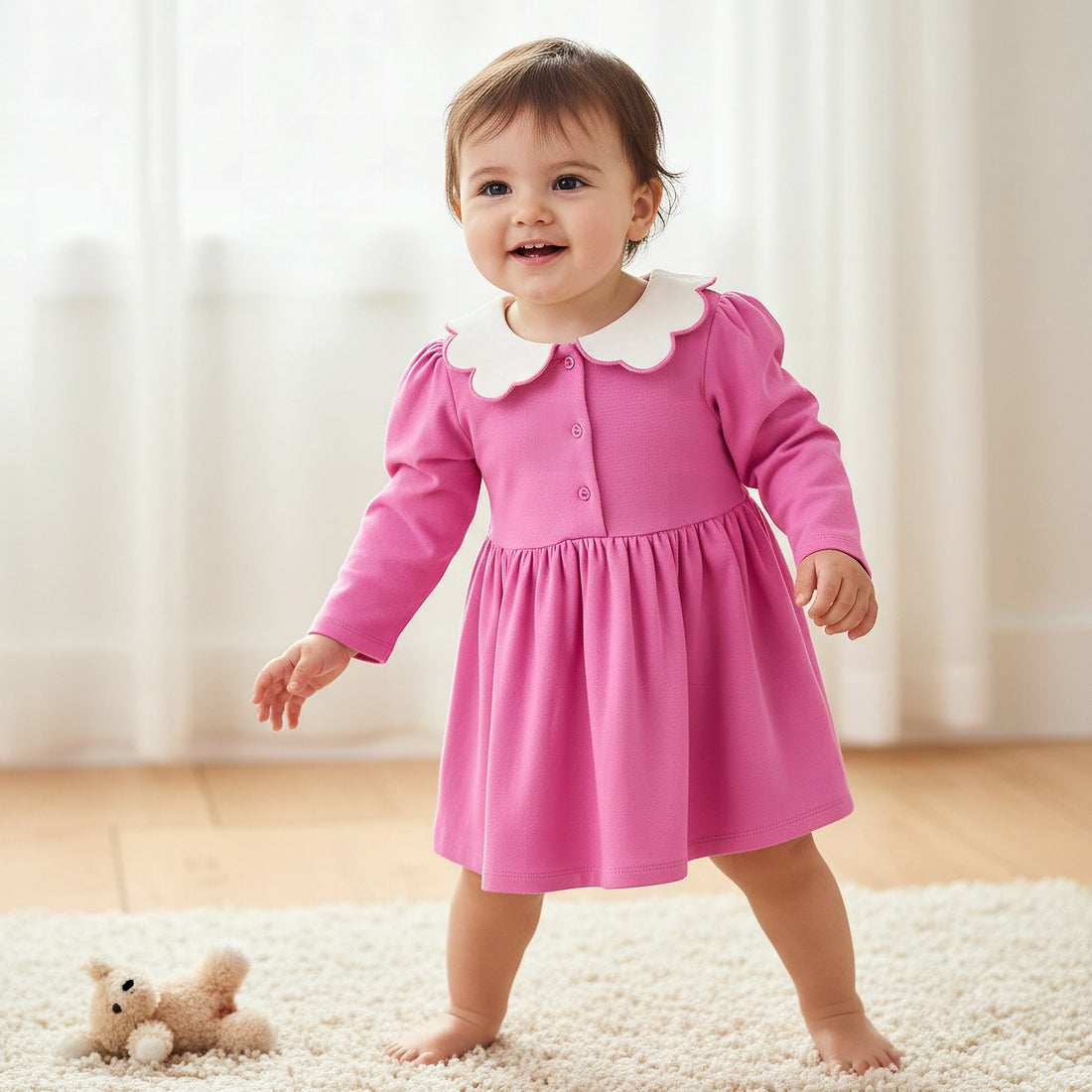 Junior Scallop Neck Long Sleeves A-line Dress with Gathered Detail - Pink / 12-18 mths