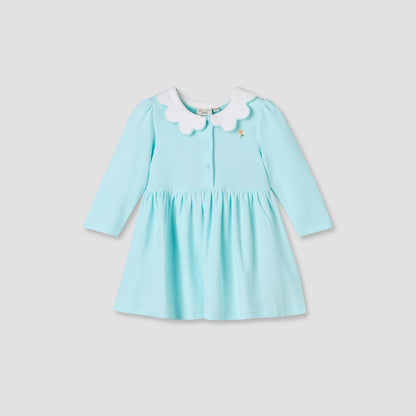 Juniors Scallop Neck Long Sleeves A-line Dress with Floral Embroidery - Blue / 12-18 mths