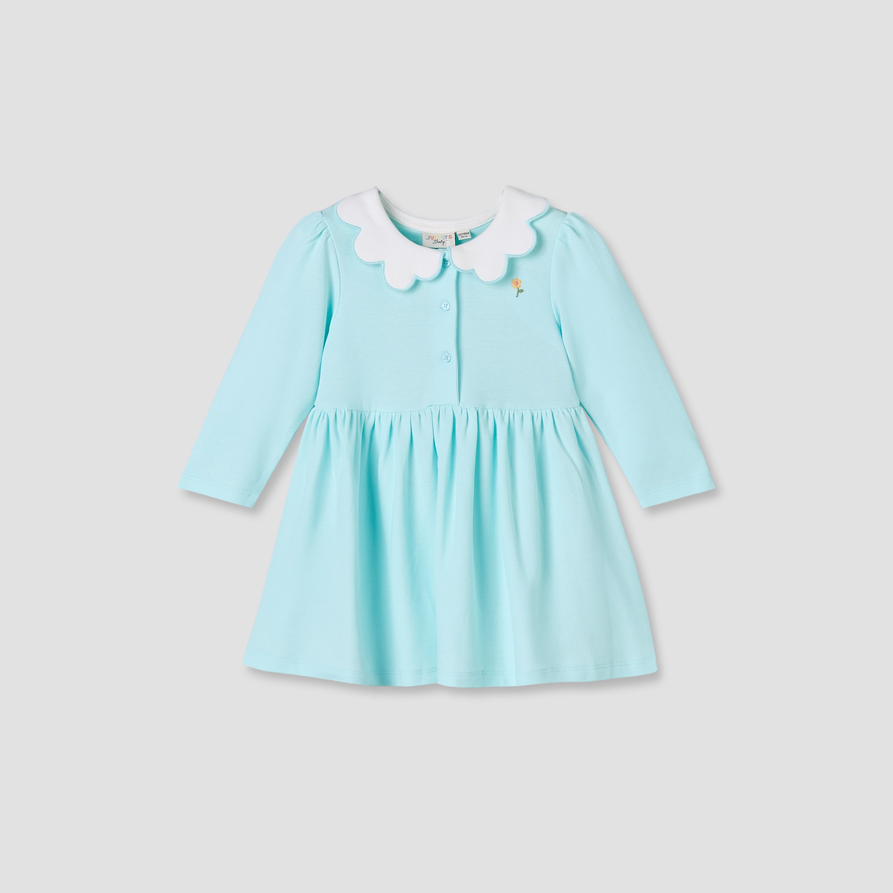 Juniors Scallop Neck Long Sleeves A-line Dress with Floral Embroidery