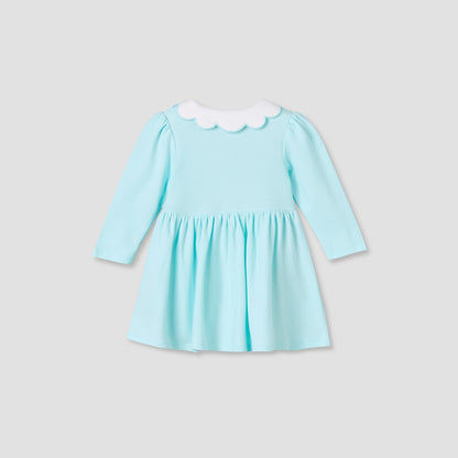 Juniors Scallop Neck Long Sleeves A-line Dress with Floral Embroidery