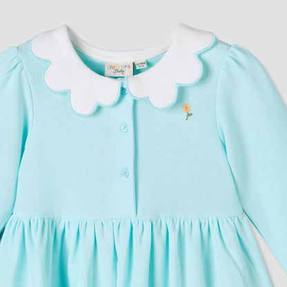 Juniors Scallop Neck Long Sleeves A-line Dress with Floral Embroidery