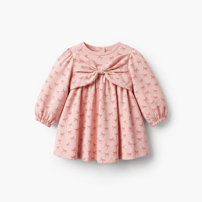 Juniors Round Neck Long Sleeves A-line Dress with Bow Print