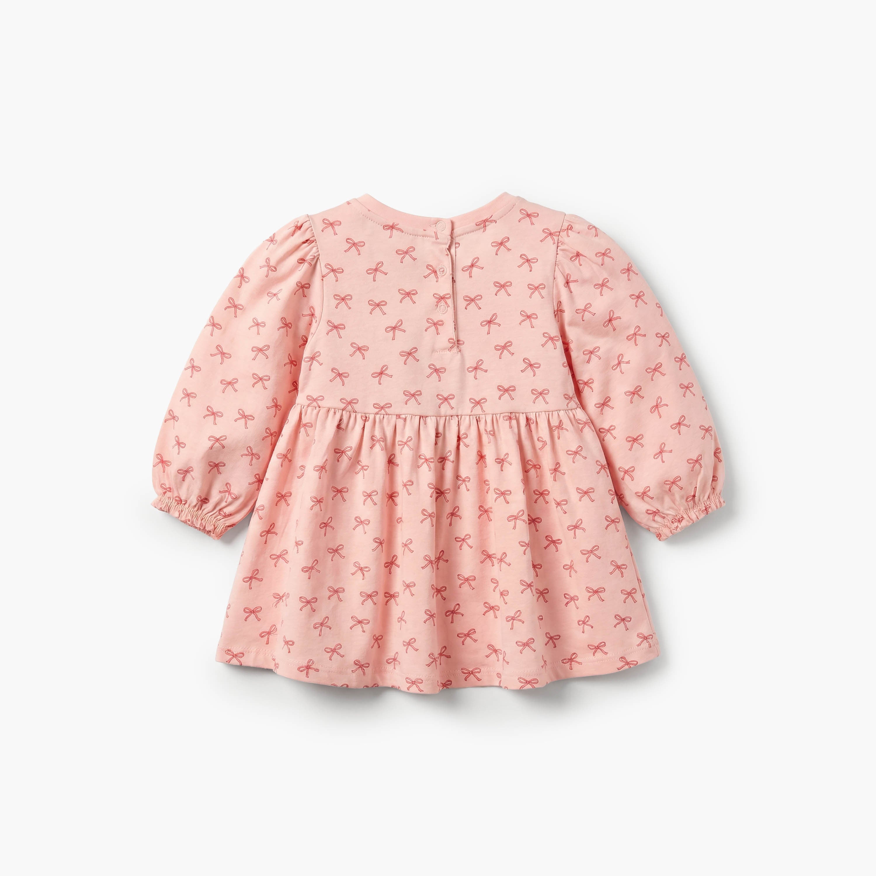 Juniors Round Neck Long Sleeves A-line Dress with Bow Print
