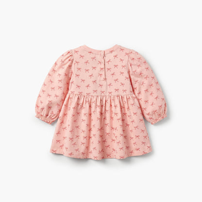 Juniors Round Neck Long Sleeves A-line Dress with Bow Print