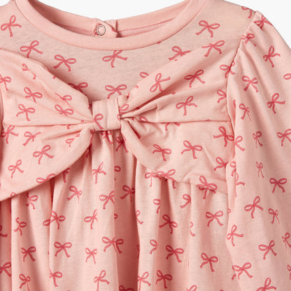 Juniors Round Neck Long Sleeves A-line Dress with Bow Print