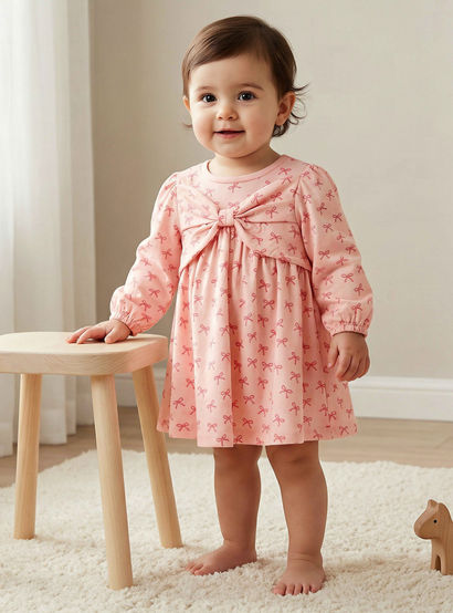 Juniors Round Neck Long Sleeves A-line Dress with Bow Print-baby-girls-clothing-dressesandjumpsuits-image-1