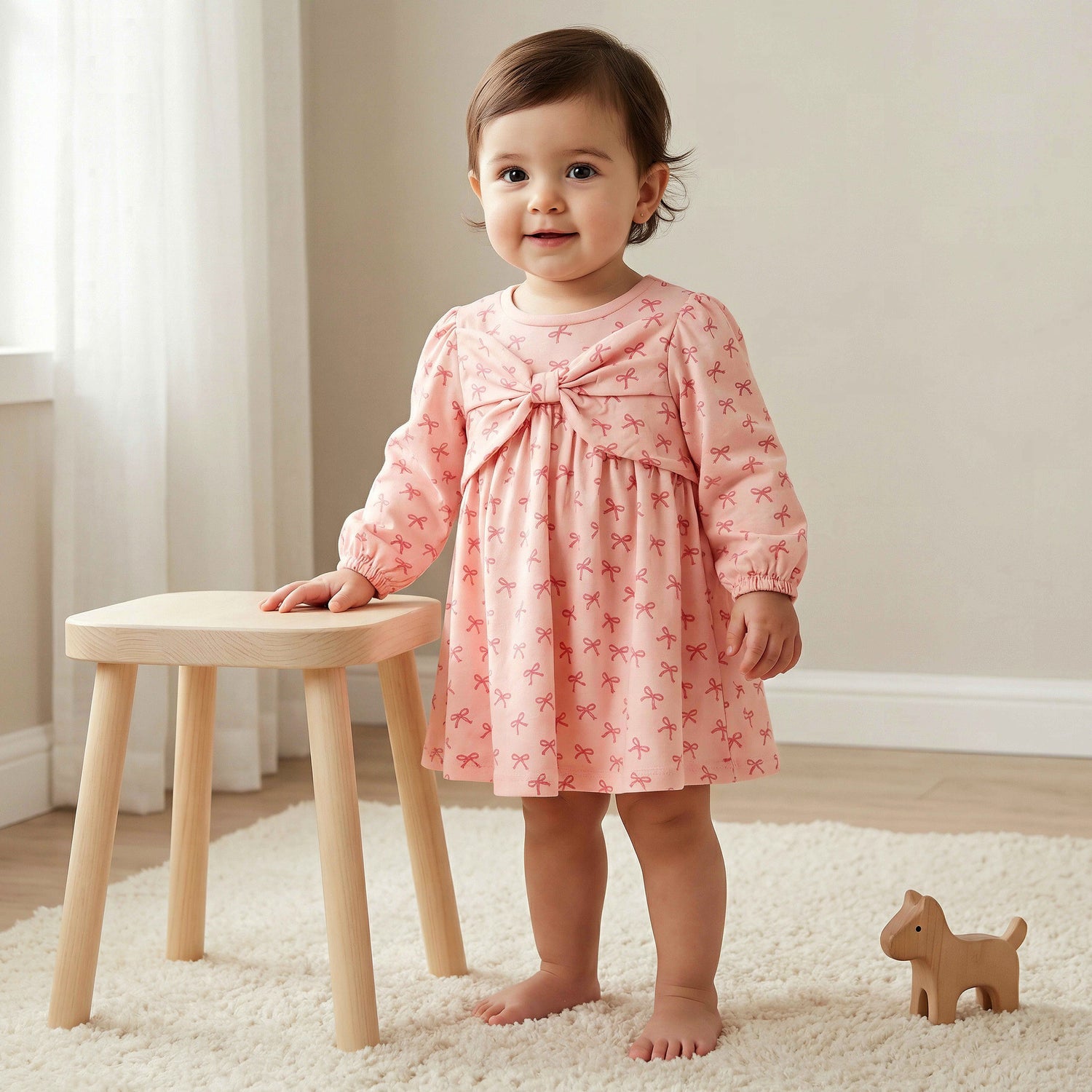 Juniors Round Neck Long Sleeves A-line Dress with Bow Print - Pink / 12-18 mths