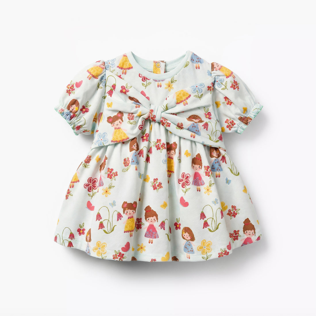 Juniors Round Neck Short Sleeves Dress with Print and Bow Detail - Green / 12-18 mths