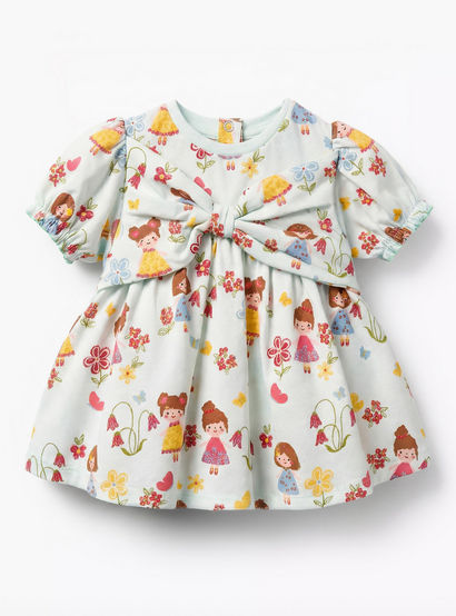 Juniors Round Neck Short Sleeves Dress with Print and Bow Detail-baby-girls-clothing-dressesandjumpsuits-image-2