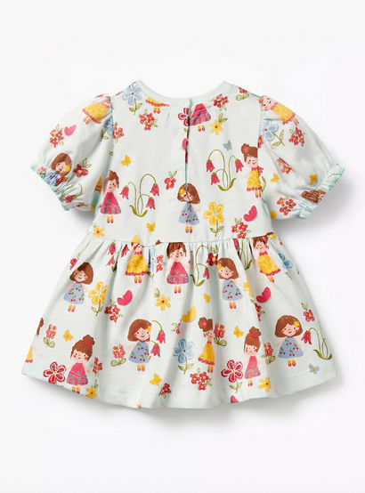 Juniors Round Neck Short Sleeves Dress with Print and Bow Detail-baby-girls-clothing-dressesandjumpsuits-image-3