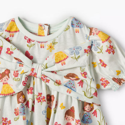 Juniors Round Neck Short Sleeves Dress with Print and Bow Detail