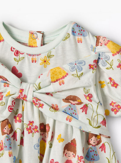 Juniors Round Neck Short Sleeves Dress with Print and Bow Detail-baby-girls-clothing-dressesandjumpsuits-image-4