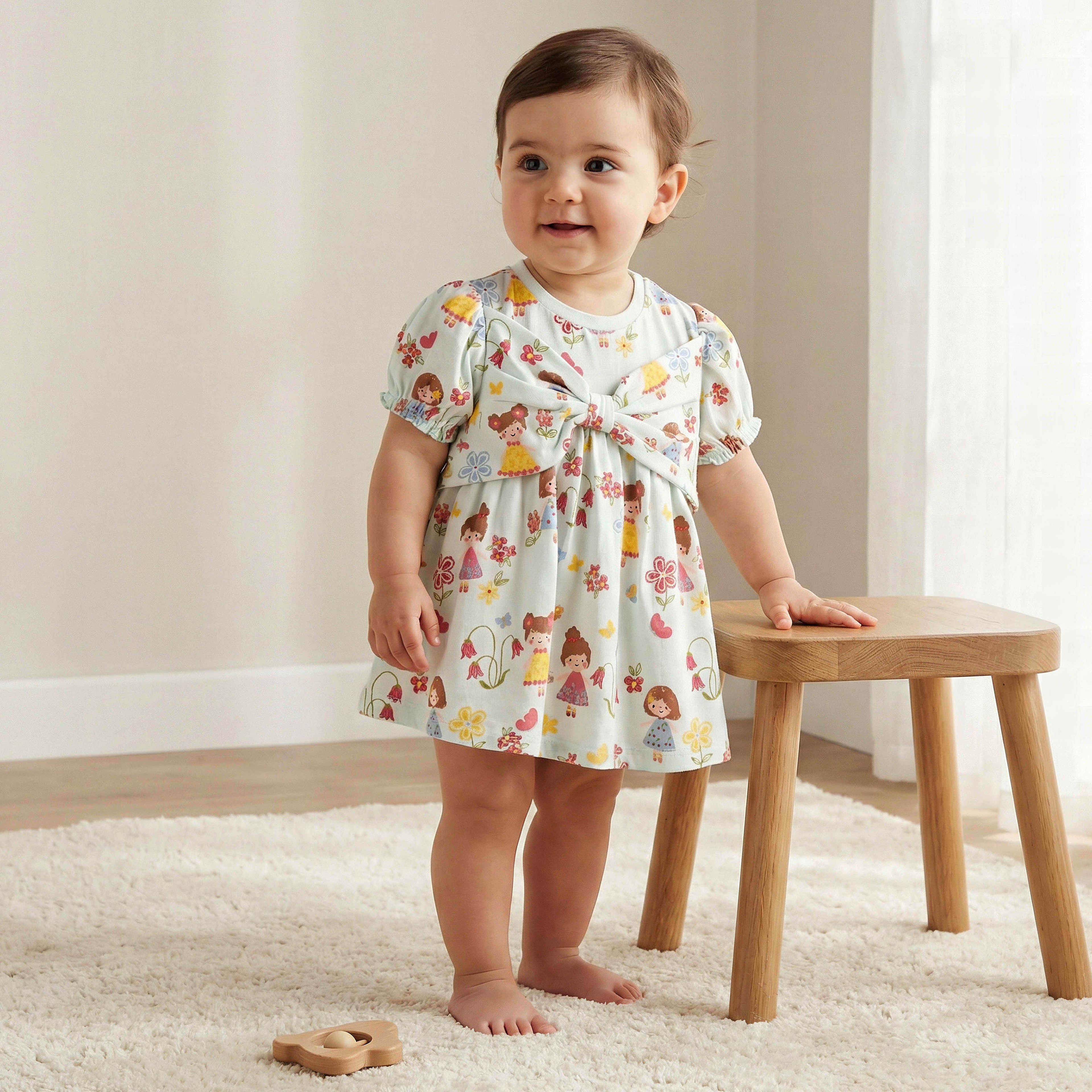 Juniors Round Neck Short Sleeves Dress with Print and Bow Detail - Green / 12-18 mths