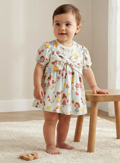 Juniors Round Neck Short Sleeves Dress with Print and Bow Detail-baby-girls-clothing-dressesandjumpsuits-image-1