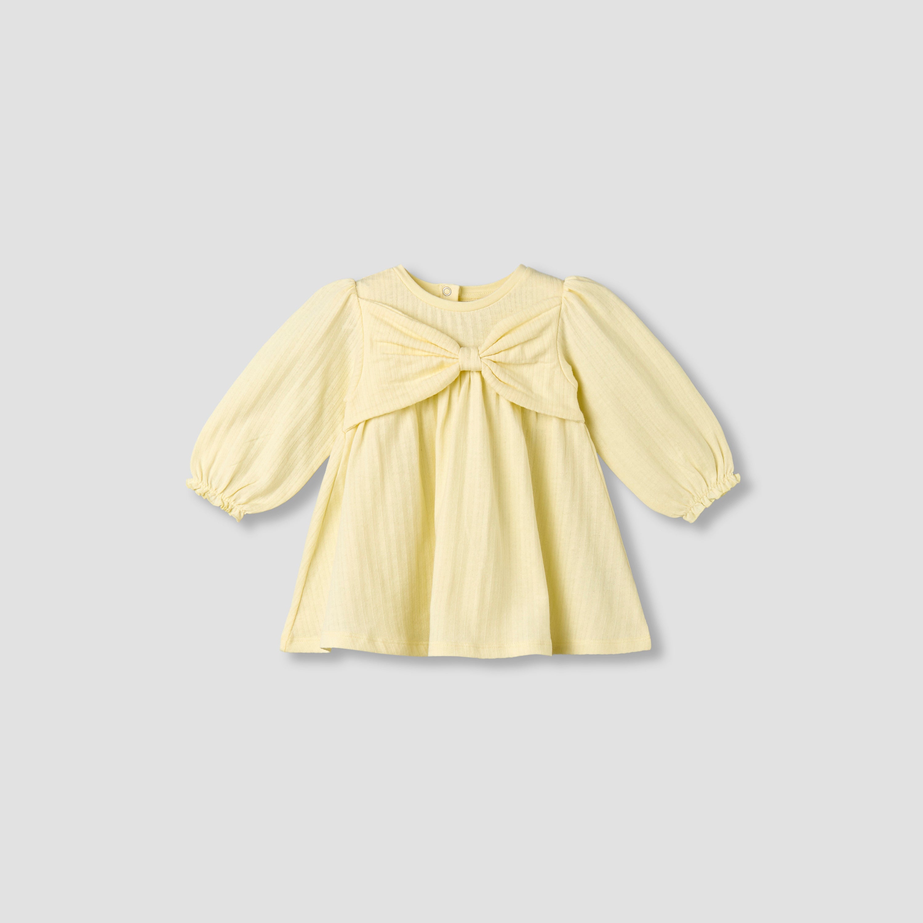 Juniors Round Neck Long Sleeves A-line Dress with Bow Accent - Yellow / 12-18 mths