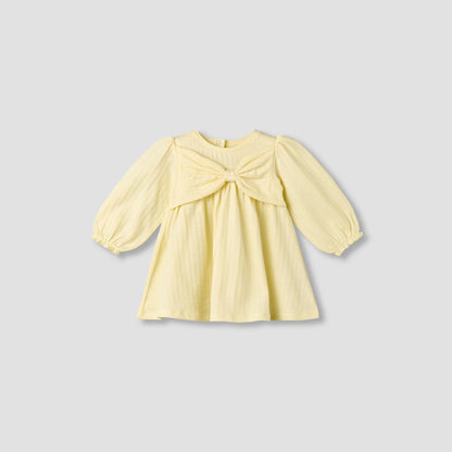 Juniors Round Neck Long Sleeves A-line Dress with Bow Accent - Yellow / 12-18 mths