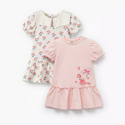 Pack of 2 Juniors Short Sleeves Drop Waist Dress with Print - Multicolour / 24-36 mths