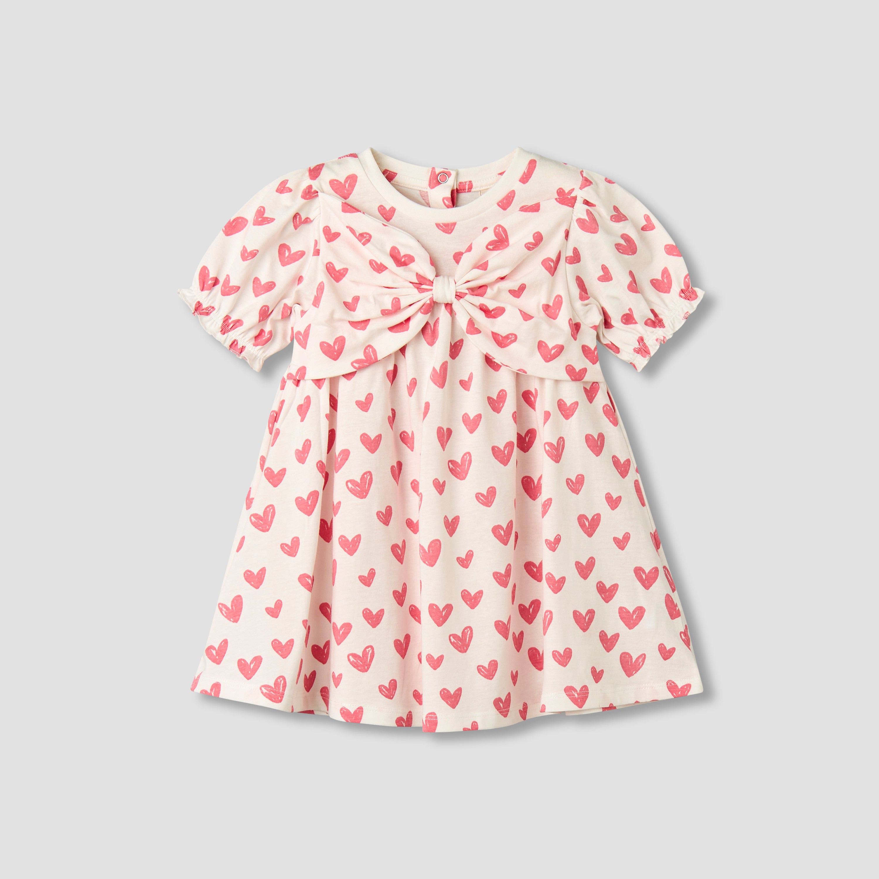 Juniors Round Neck Short Sleeves A-line Dress with Heart Print
