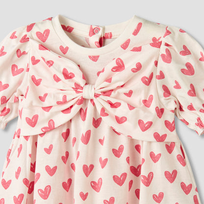 Juniors Round Neck Short Sleeves A-line Dress with Heart Print