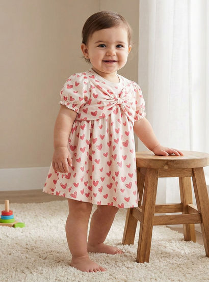 Juniors Round Neck Short Sleeves A-line Dress with Heart Print-baby-girls-clothing-dressesandjumpsuits-image-1