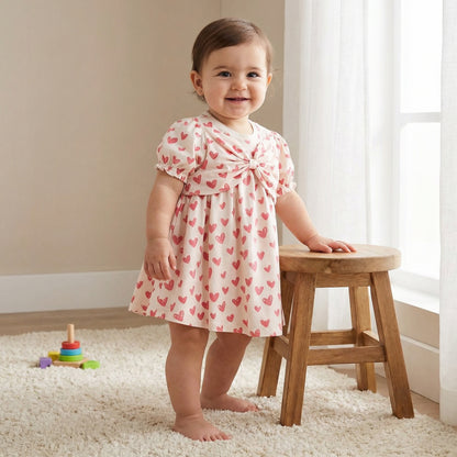 Juniors Round Neck Short Sleeves A-line Dress with Heart Print - Multicolour / 24-36 mths