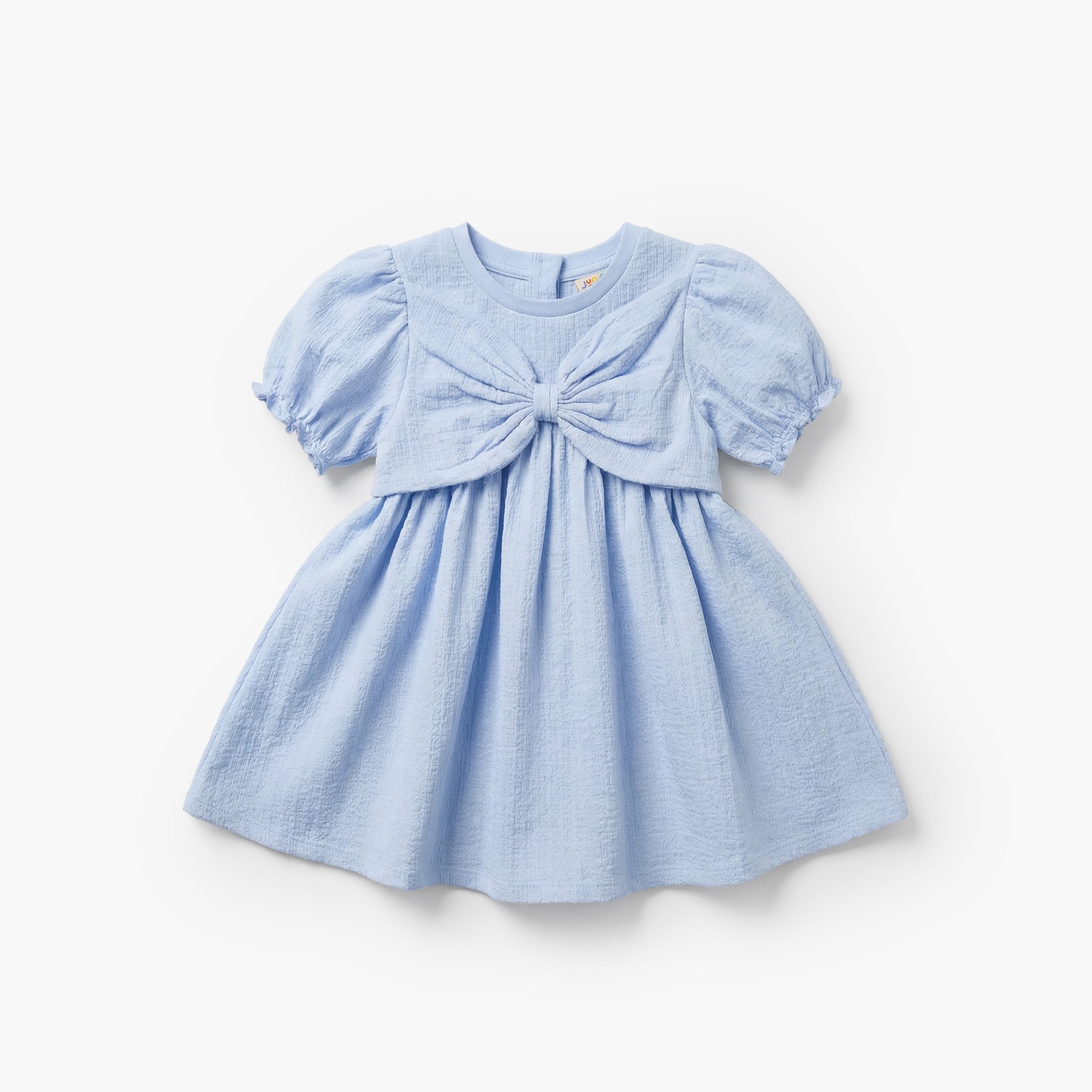 Juniors Round Neck Short Sleeve Dress with Bow Accent - Blue / 12-18 mths