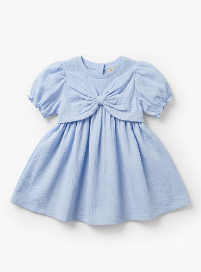 Juniors Round Neck Short Sleeve Dress with Bow Accent-baby-girls-clothing-dressesandjumpsuits-image-2