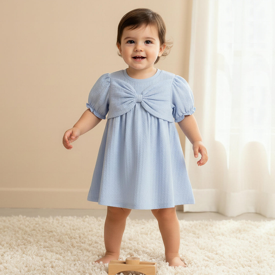 Juniors Round Neck Short Sleeve Dress with Bow Accent - Blue / 24-36 mths