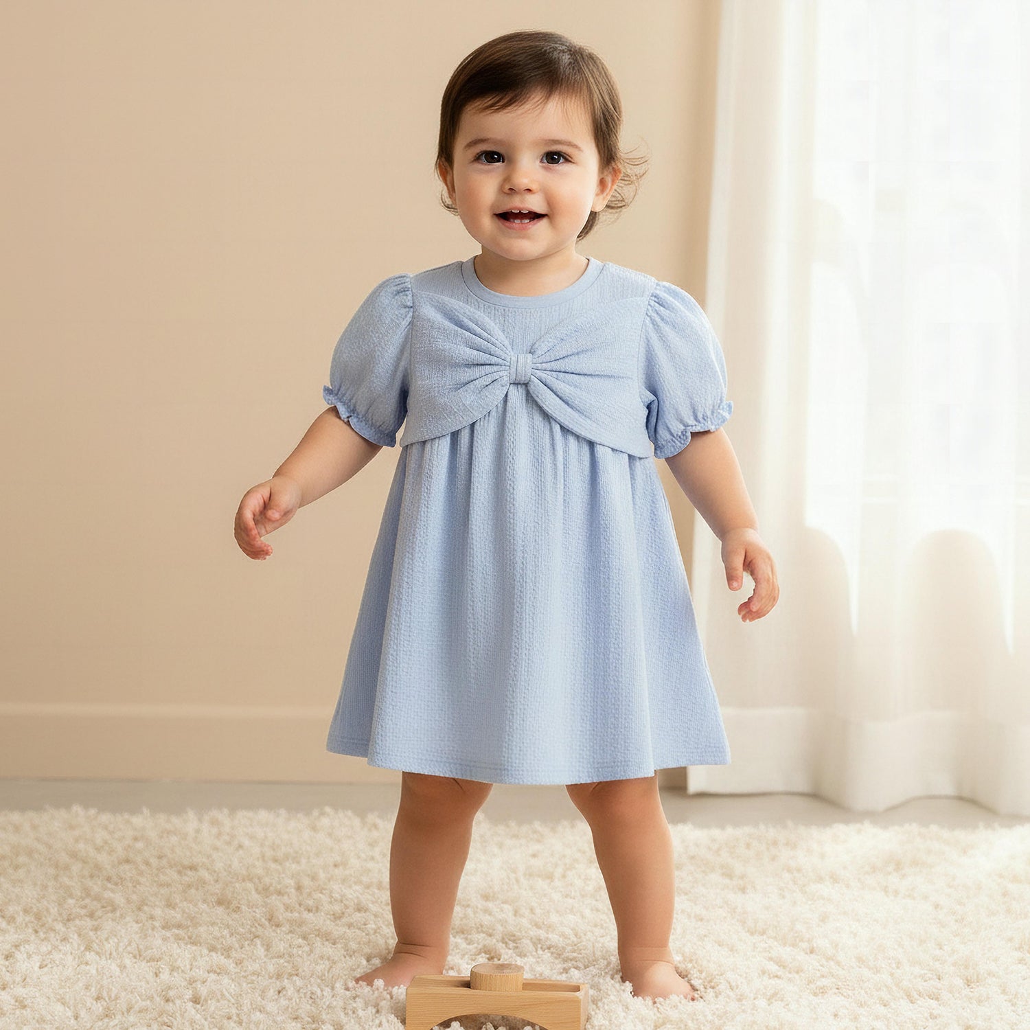 Juniors Round Neck Short Sleeve Dress with Bow Accent - Blue / 24-36 mths