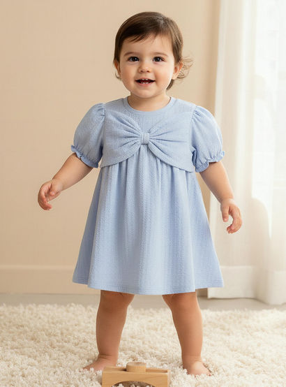 Juniors Round Neck Short Sleeve Dress with Bow Accent-baby-girls-clothing-dressesandjumpsuits-image-1