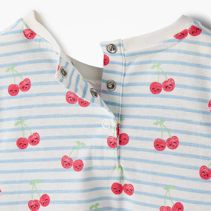 Juniors Round Neck Short Sleeves A-line Dress with Cherry Print
