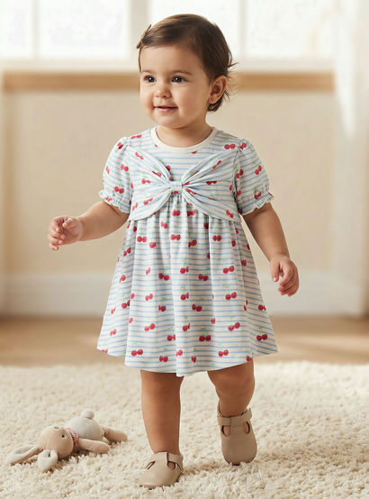 Juniors Round Neck Short Sleeves A-line Dress with Cherry Print-baby-girls-clothing-dressesandjumpsuits-image-1
